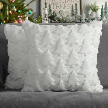 Imagem de 4TH Emotion Conjunto de 2 capas de almofada decorativas para árvore de Natal, 50,8 x 50,8 cm, capas de almofada brancas de pelúcia sintética para decoração de casa de Natal e inverno