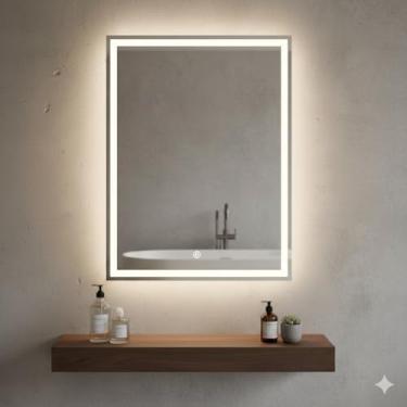 Imagem de Espelho Moderno com Luz LED, Retangular, 90x60 cm, Touch Control, Iluminação Integrada, Decoração para Sala, Quarto, Banheiro