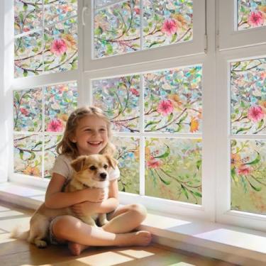Imagem de Hilarious Película de vitral para janela de arco-íris floral estática aderente película de privacidade para janela de flores sem cola, adesivo decorativo para janelas, bloqueador de UV, controle de