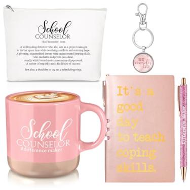 Imagem de SiliFine 5 peças presentes de conselheiro escolar de Natal para mulheres 368 g caneca de cerâmica apreciação bolsa de maquiagem chaveiro caderno de couro canetas de agradecimento canetas presente para