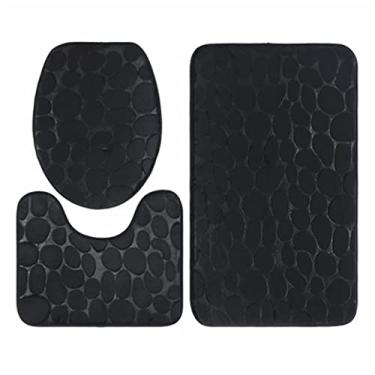 Imagem de Acouto Tapete de Chão Antiderrapante, 3 Peças, para Banheiro, Paralelepípedos, Em Relevo, Tapete de Banho, Antiderrapante, Tampa de Vaso Sanitário, Hotel, Conjuntos de Tapetes, Peça (Preto)