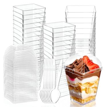 Imagem de Legredic Pacote com 25 copos de sobremesa de plástico de 142 g com tampas e colheres, copos quadrados transparentes para aperitivo Parfait, mini copo de servir de atirador reutilizável, copos de dose