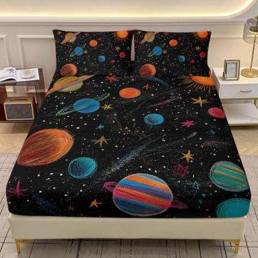 Imagem de AILONEN Jogo de lençol casal Galaxy para crianças, meninos, meninas, planeta do espaço sideral, sol, 3 peças com 2 fronhas, jogo de cama estrelado