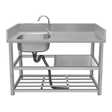 Imagem de Pia de aço inoxidável independente com bancada de trabalho e prateleiras de armazenamento, lavatório de mão utilitário, pia de restaurante comercial, pia de catering de cozinha comercial (90 cm/35,4