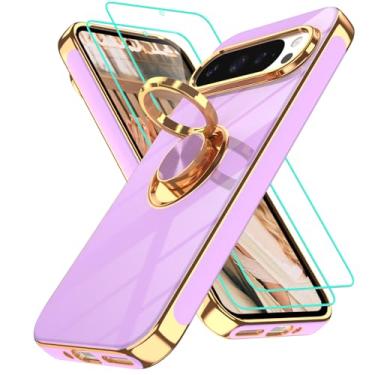 Imagem de Gritup Capa para celular Google Pixel 9 Pro: 2 peças protetoras de tela | Suporte magnético de rotação de 360° | Revestimento dourado macio TPU protetor básico para Pixel 9 roxo claro