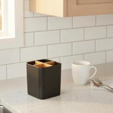 Imagem de Suporte de escova de dentes de bambu para banheiros, 3 compartimentos para escova de dentes e pasta de dente organizador de balcão de banheiro