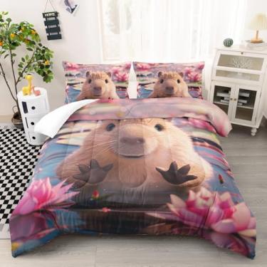 Imagem de AILONEN Conjunto de edredom kawaii, capivara, tamanho casal, estampa de lótus rosa 3D, capivara, para crianças, - edredom floral engraçado de animais roedores e 2 fronhas - 3 peças