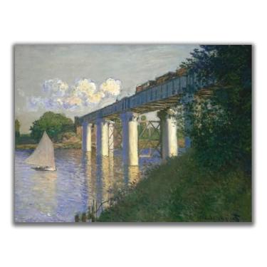 Imagem de Arte de parede em tela de Claude Monet - Pôster The Railway Bridge At Argenteuil - pôsteres de Monet, imagens vivas de paisagens naturais, cores vibrantes, decorações de parede modernas para casa sem