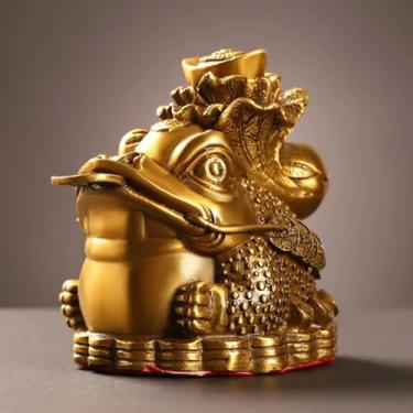 Imagem de FENNYYAR Ornamento de sapo dourado de cobre atraído pela riqueza, 10 cm, decoração de escritório doméstico e loja
