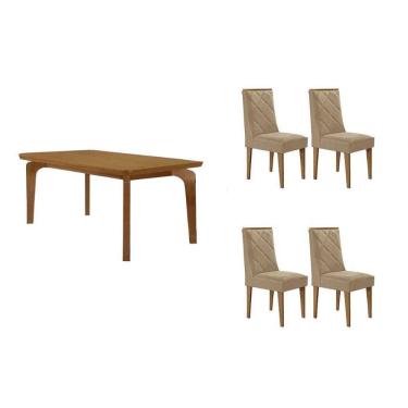 Imagem de Sala Jantar Mesa Londrina Tampo Curvo 120cm+4 Cadeiras Pietá Madeira Naturale - Capuccino/Suede Creme - Rufato
