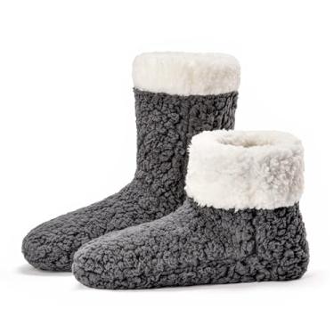 Imagem de cosyone1997 Meias femininas felpudas com garras antiderrapantes, forro térmico macio e macio, presentes de Natal de inverno aconchegantes e exclusivos, Cinza, Large-X-Large