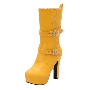 Imagem de Botas de cano médio femininas casuais de inverno bico redondo com zíper interno à prova d'água plataforma e design de salto, várias, Amarelo, 39