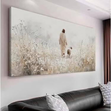 Imagem de Quadro Decorativo Jesus E Ovelha Fé Grande para Sala Religioso Palha Quarto Hall Luxo Horizontal Decoração Parede Tela Escritório (150x75 cm)