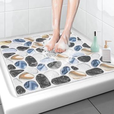 Imagem de Tapete de chuveiro quadrado antiderrapante: tapete de chuveiro extra grande de 91 cm x 91 cm com orifício de drenagem no meio, tapetes de chuveiro antiderrapantes para chuveiro interno, tapetes de