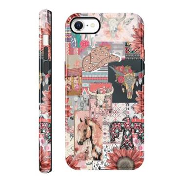 Imagem de Vulfwela Capa para iPhone 7 de 4,7 polegadas, colagem boho, ocidental, 2 em 1, vintage, rosa, chapéu de caubói cavalos, cabeça de touro, floral, capa de telefone country oeste, à prova de choque