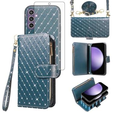 Imagem de Capa carteira compatível com Samsung Galaxy S23 FE 5G com zíper e protetor de tela de vidro temperado alça transversal flip flip porta-cartões capa para celular S 23 EF S23FE 23S feminino verde escuro