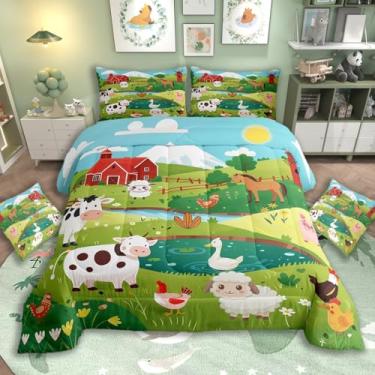 Imagem de jejeloiu Conjunto de cama de animais de fazenda, macio para meninos e meninas, tamanho solteiro, tema country engraçado, edredom de microfibra, decoração de quarto, 2 peças com 1 fronha