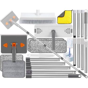 Imagem de Ferramenta de limpeza de rodapé com alça de 213 cm, esfregão de microfibra de 144 cm com 2 almofadas reutilizáveis e escova de limpeza resistente, esfregão úmido e poeira para madeira, laminado, piso