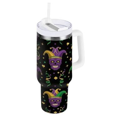 Imagem de Blueangle Copo isolado Carnaval de 850 g Carnaval com alça e tampa de palha, caneca de viagem reutilizável de aço inoxidável (582)