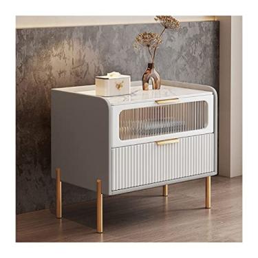 Imagem de Mesa de cabeceira cinza moderna moderna com bancadas elegantes de laje de rocha, mesas de cabeceira com porta decorativa de vidro, mesa lateral de 2 camadas, espaço de armazenamento para quarto, sala