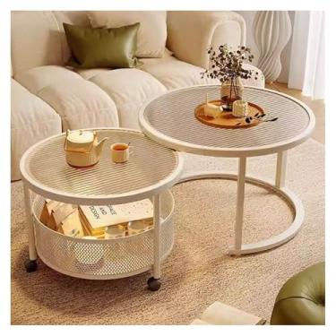 Imagem de Mesa lateral moderna para sala de estar, mesa de centro móvel, combinada, simples, doméstica, pequena, mesa redonda de vidro com rodas, sofá, mesa de centro, simples (branca)