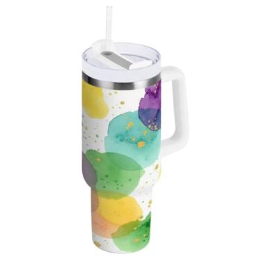 Imagem de Blueangle Copo abstrato de 1,134 g Mardi Gras isolado em aquarela com alça e tampa de palha, caneca de viagem reutilizável de aço inoxidável (491)