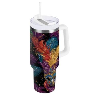 Imagem de Blueangle Copo isolado de máscara de carnaval de carnaval de 1,134 g com alça e tampa de palha, caneca de viagem reutilizável de aço inoxidável (380)