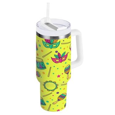 Imagem de Blueangle Copo isolado carnaval carnaval 1,134 g com alça e tampa de palha, caneca de viagem reutilizável de aço inoxidável (1025)