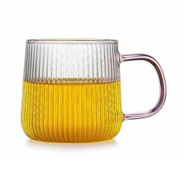 Imagem de Copo de vidro com listras verticais com alça colorida, caneca de vidro borossilicato transparente de 320 ml (rosa)