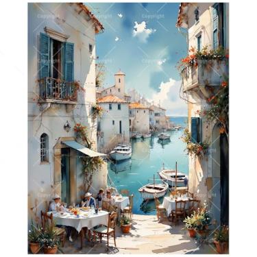 Imagem de Kit de pintura por números de restaurante da Costa Italiana para adultos - Pintura em tela de barcos e cidades litorâneas faça você mesmo 40 x 50 cm, conjunto de tinta acrílica, adequado para