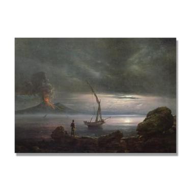 Imagem de NHLDZYH Pintura famosa de J.C. Dahl, impressão artística de romantismo norueguês, decoração de parede temática de natureza para quarto ou escritório. (vulcão à noite). 60 x 84 cm. Somente tela