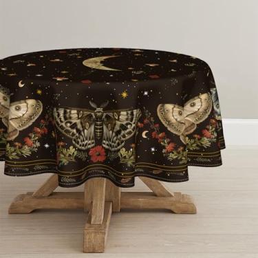 Imagem de Horaldaily Toalha de mesa redonda Butterflies Stars Moon 152 × 152 cm, preta, estilo gótico, vintage, lavável, para festa, jantar, pátio, jardim, piquenique