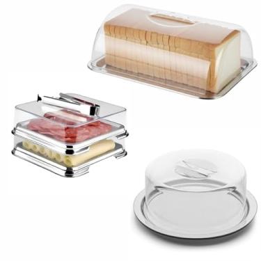 Imagem de Kit Porta Pão, Porta Frios e Porta Queijo com Tampa Acrílica Transparente, Base de Aço Inoxidável, Design Moderno, Inclui Pinça Inox, Boleira Presunteira Queijeira