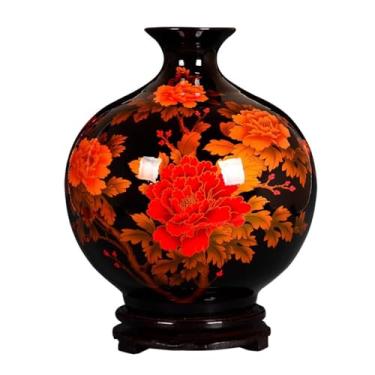 Imagem de x3anggyt5 Vaso de flores retrô de cerâmica com fundo preto peônia romã decoração de sala de estar estudo armário de vinho decoração vaso decoração de casa