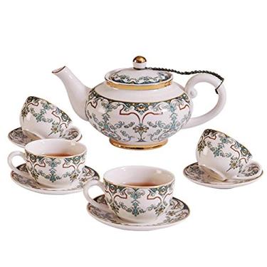 Imagem de Conjunto de chá chinês de porcelana branca grande, bule de chá com 4 xícaras de pires, flores estilo moderno inglês, filtro de bico de estilo para folhas soltas