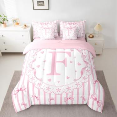 Imagem de jejeloiu Conjunto de edredom fofo com laço e 7 peças, solteiro, rosa, inicial F, para crianças, meninos, meninas, decoração de quarto, respirável, macio e leve de microfibra