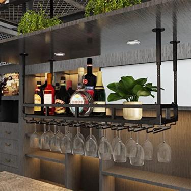Imagem de Rack de vinho para pendurar no teto | Suporte de taça de vinho montado na parede | Prateleira de garrafa de vinho vintage | Ferro forjado | Prateleiras de copos de taças - Preto (Tamanho: 60 cm x 35