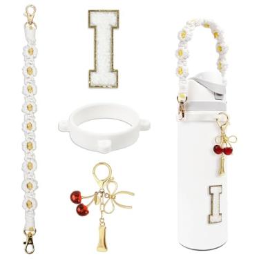 Imagem de BydGxy Pingente de laço de fita de cereja para Owala FreeSip & Tumbler, acessórios de alça de garrafa de água iniciais personalizados, presente estilo preppy (branco) - I