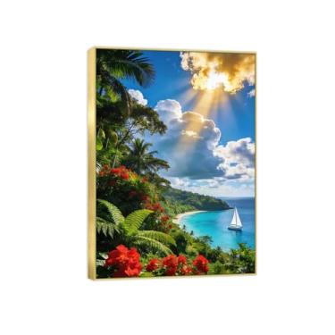 Imagem de Impressão em tela de paisagem pronta para pendurar - nuvens flores do mar - pintura de arte de parede - decoração de casa moderna imagem moldura dourada 70 x 100 cm 27 x 39 pol