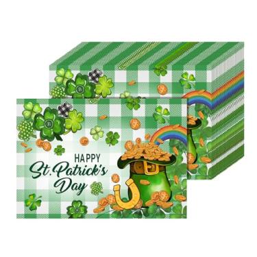 Imagem de CHAROUP 50 peças de jogo americano descartáveis de papel trevo dia de São Patrício, tapetes de mesa com padrão de trevo verde de 40,6 x 28 cm para decoração de mesa de jantar em ambientes internos e