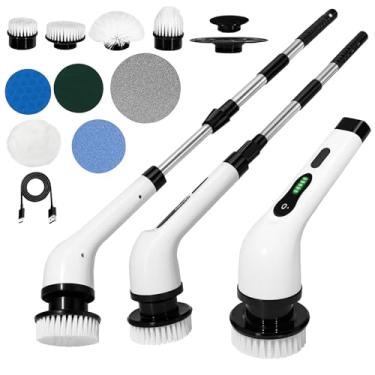 Imagem de Escova de Limpeza Elétrica 360 Recarregável, MOP Multiuso 9 em 1 com Extensão Telescópica e Acessórios, para Banheiro, Cozinha e Pisos, Branco e Preto