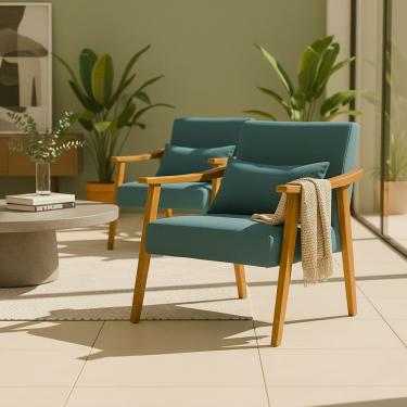 Imagem de Kit 2 Poltrona Aurora Linho Acompanha Almofada Decorativa Madeira Maciça Sala De Estar