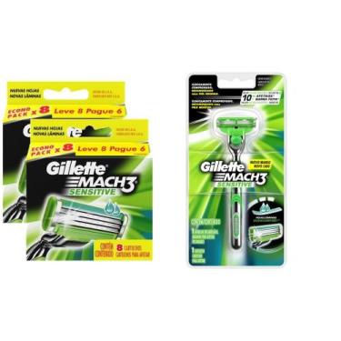 Imagem de Kit Carga Gillette Mach3 Sensitive com 16 unidades + 1 Aparelho de Bar