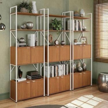 Imagem de Kit 3 Estantes Altas para Livros Escritório 12 Portas 202cm X 216cm Industrial Canela/B...