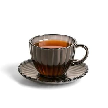 Imagem de Conjunto 4 Xícaras de Chá com Pires Vidro Preto Elegante - DOLCE HOME