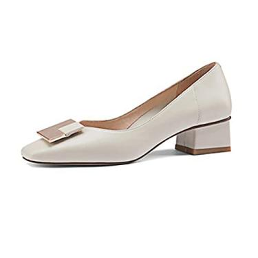 Imagem de Sapatos femininos de salto alto grosso e baixo bloco salto fechado bico fino sapatos pontiagudos, grosso, salto alto, sapatos de casamento escarpim, branco, 35 EU