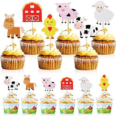 Imagem de 48 peças de topos de cupcake com tema de animais de fazenda e envoltórios de cupcake rústicos para fazenda, festa de aniversário, artigos de chá de bebê