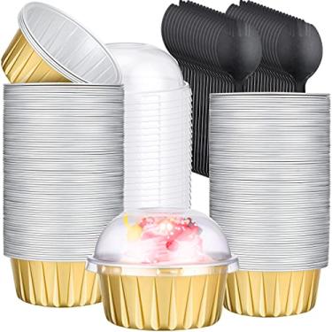Imagem de Pacote com 200 forros de cupcake de 141 g com tampas de cúpula com 200 colheres de alumínio a granel forros de muffin de alumínio para assar, muffin, lata, sobremesa, pudim para padaria individual, festa de aniversário de casamento