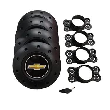 Imagem de Jogo de Calotas de Centro Miollo para GM Corsa Aro 14 1994/2012 Estilo Amarok Preto (Logo Dourado)