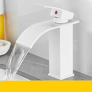 Imagem de Torneira de pia de ouro escovado com cascata saída de torneira misturadora quente fria torneira de montagem em deck torneira de lavatório para banheiro, branco